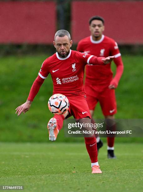 Jay Spearing of Liverpool in action during the PL2 game at AXA Training Centre on November 04, 2023 in Kirkby, England.