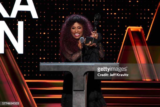 Chaka Khan speaks onstage at the 38th Annual Rock & Roll Hall Of Fame Induction Ceremony at Barclays Center on November 03, 2023 in New York City.