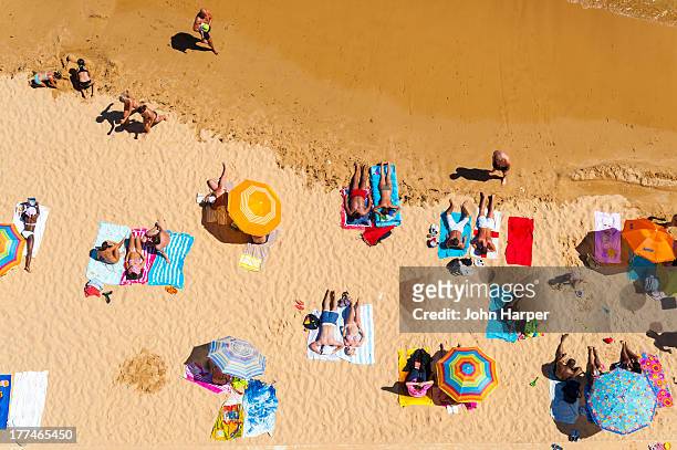 aerial, albufeira beach, algarve, portugal - albufeira beach stockfoto's en -beelden