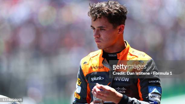 Sprint Shootout fastest qualifier Lando Norris of Great Britain and McLaren looks on in parc ferme during the Sprint Shootout ahead of the F1 Grand...