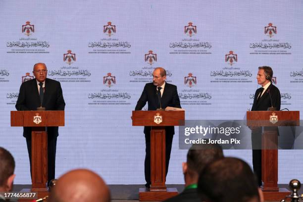 Secretary of State Antony Blinken holds a joint press conference with Jordan's foreign minister Ayman Safadi and Egypt's foreign minister Sameh...