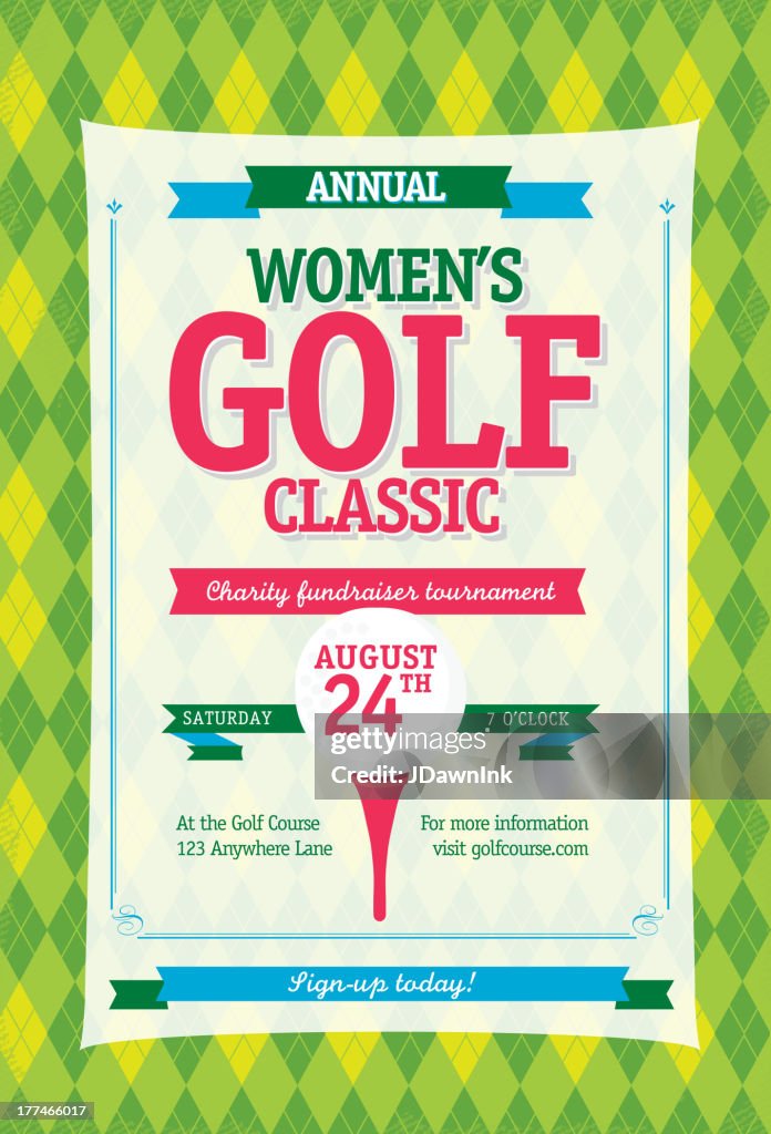 Colorful Women's Golf tournament invitation design template on argyle background