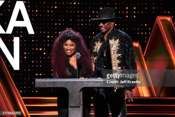 Chaka Khan and Tony Maiden speak onstage at the 38th Annual Rock & Roll Hall Of Fame Induction Ceremony at Barclays Center on November 03, 2023 in...