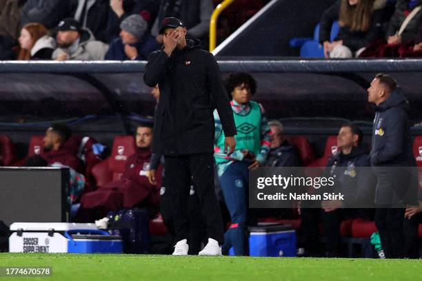 Vincent Kompany, Manager of Burnley, reacts during the Premier League match between Burnley FC and Crystal Palace at Turf Moor on November 04, 2023...