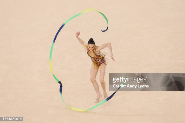 Maria Eduarda Alexandre of Team Brazil competes on Rhythmic Gymnastics - Individual Ribbon Final on Day 15 of Santiago 2023 Pan Am Games on November...