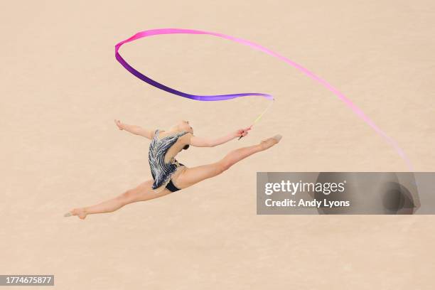 Evita Griskenas of Team United States competes on Rhythmic Gymnastics - Individual Ribbon Final on Day 15 of Santiago 2023 Pan Am Games on November...