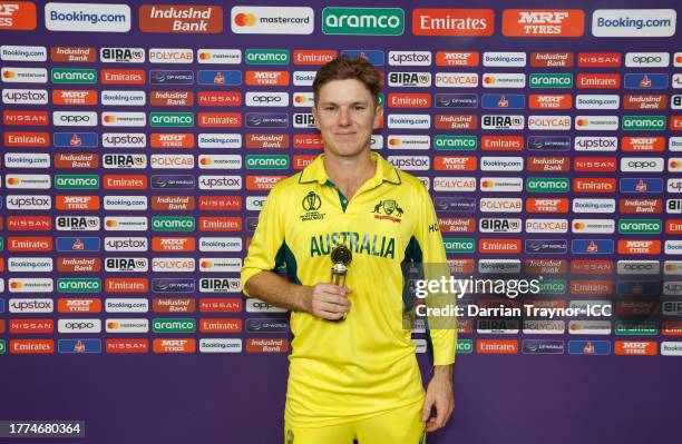 Adam Zampa of Australia poses after being named Player of the Match following the ICC Men's Cricket World Cup India 2023 between England and...