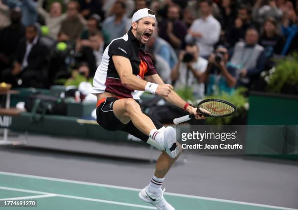 Grigor Dimitrov of Bulgaria celebrates his semifinal victory against Stefanos Tsitsipas of Greece on day 6 of the Rolex Paris Masters 2023, ATP...