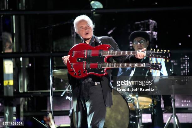 Jimmy Page performs onstage at the 38th Annual Rock & Roll Hall Of Fame Induction Ceremony at Barclays Center on November 03, 2023 in New York City.