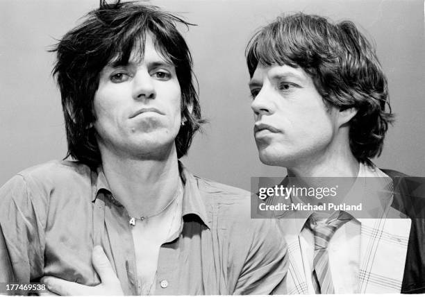 Guitarist Keith Richards and singer Mick Jagger, of the Rolling Stones, on the set of a video shoot in New York, May 1978.