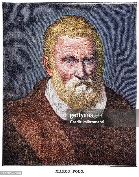 portrait of marco polo, venetian merchant, explorer and writer who travelled through asia along the silk road between 1271 and 1295 - marco polo stock pictures, royalty-free photos & images