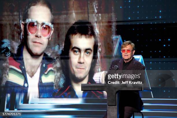 Elton John speaks onstage at the 38th Annual Rock & Roll Hall Of Fame Induction Ceremony at Barclays Center on November 03, 2023 in New York City.