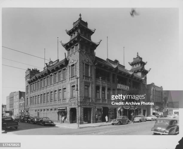 View of the iconic, historic Chinatown of Chicago, Illinois, circa 1930-1960.