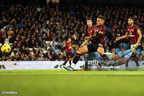 Nathan Ake of Manchester City scores the team's sixth goal during the Premier League match between Manchester City and AFC Bournemouth at Etihad...