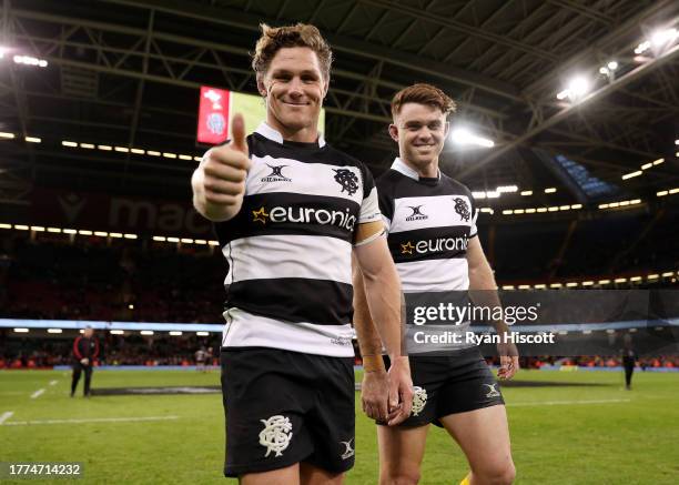 Michael Hooper of Barbarians and Andrew Kellaway pose for a photo after the Test Match between Wales and Barbarians at Principality Stadium on...