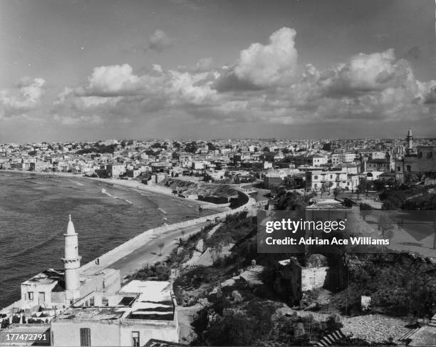 Panoramic view of the city of Tel Aviv, as seen from the old port city of Jaffa, Israel, circa 1930-1960.