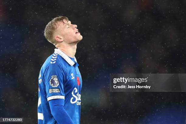 Jarrad Branthwaite of Everton reacts following the Premier League match between Everton FC and Brighton & Hove Albion at Goodison Park on November...