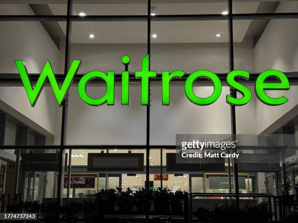 The Waitrose logo is displayed outside a branch of the supermarket retailer Waitrose on November 5, 2023 in Wells, England. Founded in 1904, since...