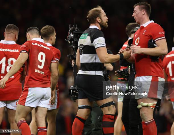 Adam Beard of Wales congratulates Alun Wyn Jones Captain of the Barbarians after the International match between Wales and Barbarians at Principality...