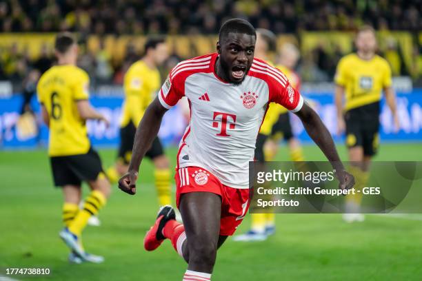 Dayot Upamecano of Munich celebrates after scoring his team's first goal during the Bundesliga match between Borussia Dortmund and FC Bayern München...