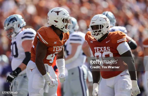 Jaylan Ford of the Texas Longhorns reacts after a sack in the second quarter against the Kansas State Wildcats at Darrell K Royal-Texas Memorial...