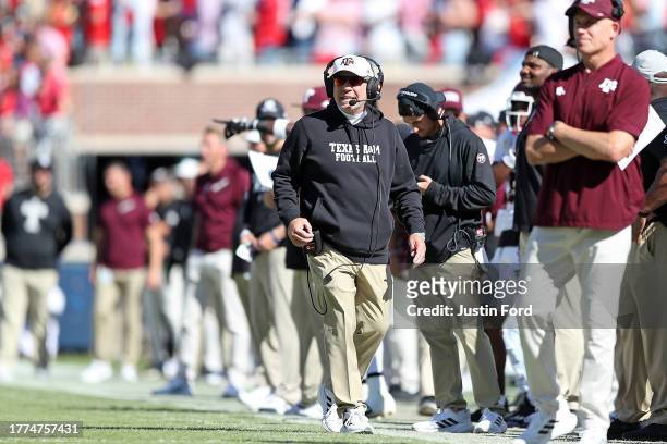 Head coach Jimbo Fisher of the Texas A&M Aggies during the game against the Mississippi Rebels at Vaught-Hemingway Stadium on November 04, 2023 in...