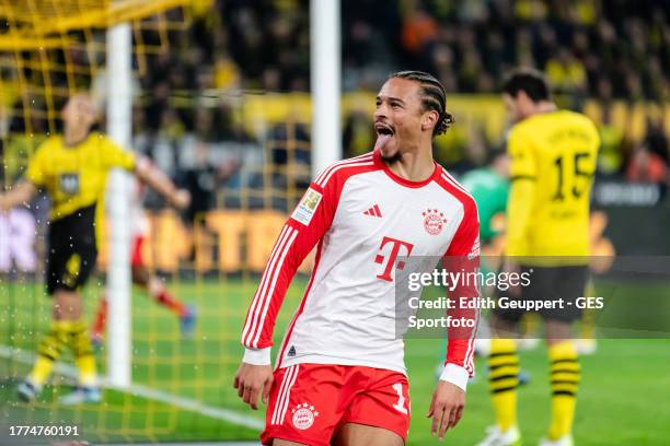 Leroy Sane of Munich celebrates his team's second goal during the Bundesliga match between Borussia Dortmund and FC Bayern München at Signal Iduna...