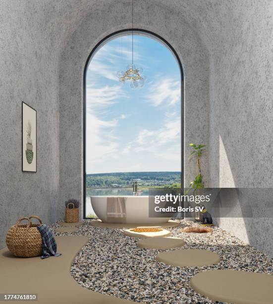bathroom with large window - luxury spa foto e immagini stock