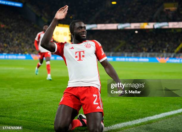 Dayot Upamecano of Bayern Munich celebrates after scoring the team's first goal during the Bundesliga match between Borussia Dortmund and FC Bayern...