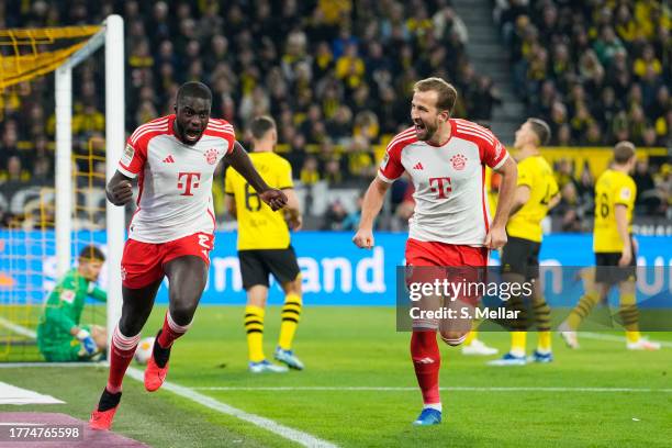 Dayot Upamecano of Bayern Munich celebrates after scoring the team's first goal during the Bundesliga match between Borussia Dortmund and FC Bayern...