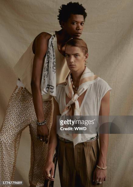 Rick Owens’ oyster cotton tank top and Marco de Vincenzo’s wool trousers. Linder’s scarf; Kenneth Jay Lane necklace; Jen Hansen necklace; David...