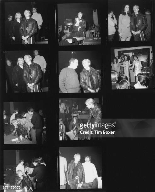 Contact sheet showing American pop artist Andy Warhol attending an event at the Action house nightclub in Island Park, Long Island, New York, 4th...