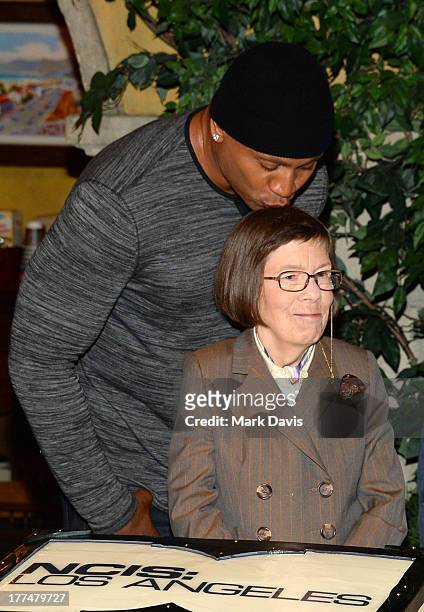 Actor L.L. Cool J and actress Linda Hunt share a moment at the CBS' "NCIS: Los Angeles" celebrates the filming of their 100th episode held at...