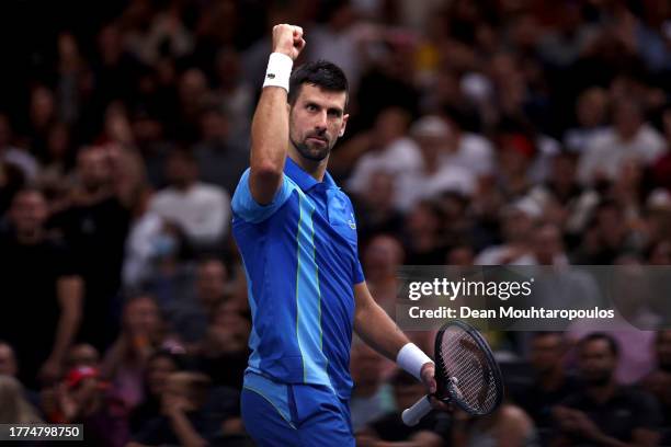 Novak Djokovic of Serbia reacts to a won point in his semi final match against Andrey Rublev of Russiaduring Day Six of the Rolex Paris Masters ATP...