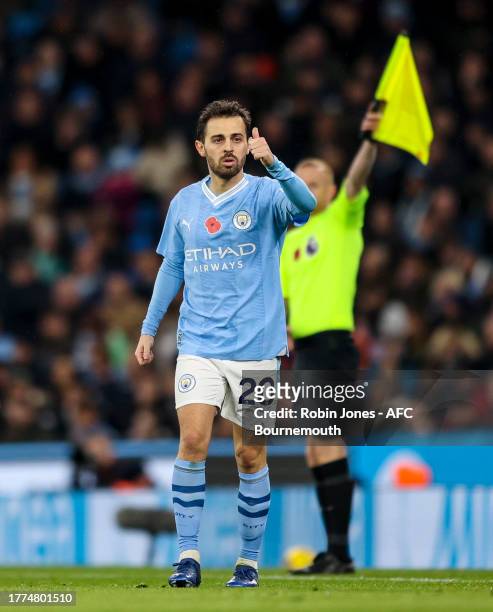 Bernado Silva of Manchester City during the Premier League match between Manchester City and AFC Bournemouth at Etihad Stadium on November 04, 2023...