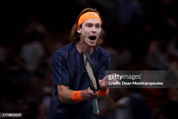 Andrey Rublev of Russia reacts to a lost point in his semi final match against Novak Djokovic of Serbia during Day Six of the Rolex Paris Masters ATP...