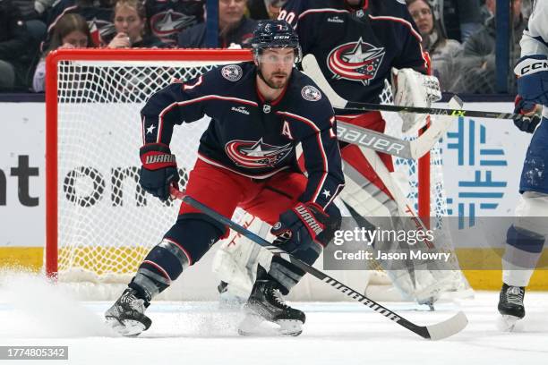 Sean Kuraly of the Columbus Blue Jackets skates during second period against the Tampa Bay Lightning at Nationwide Arena on November 02, 2023 in...