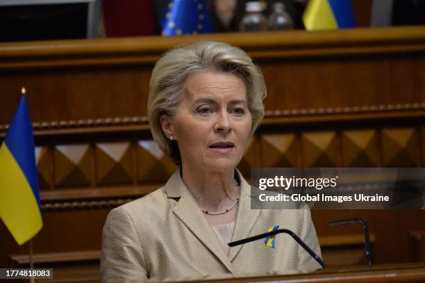 Ursula von der Leyen, President of the European Commission, speaks from the rostrum in the session hall of the Verkhovna Rada of Ukraine on November...