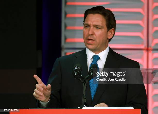 Republican presidential candidate Florida Gov. Ron DeSantis speaks during the Florida Freedom Summit at the Gaylord Palms Resort on November 04, 2023...