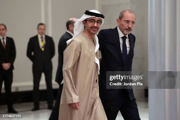 Emirati foreign minister Sheikh Abdullah bin Zayed Al Nahyan and Jordan's counterpart Ayman al- Safadi arrive for a meeting with U.S. Secretary of...