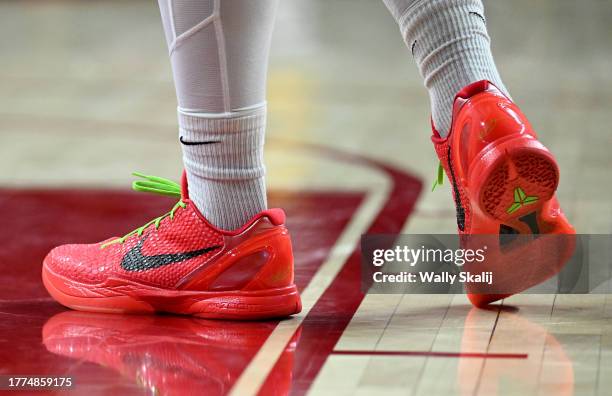 Los Angeles, California November 9, 2023-A USC basketball player sports the new Kobe Bryant shoes donated by wife Vanessa during a game against Cal...