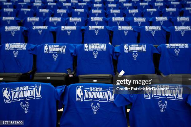 General view of ee shirts with the NBA In-Season Tournament logo prior to the game between the New York Knicks and Milwaukee Bucks at Fiserv Forum on...