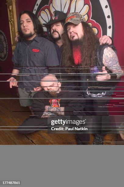 Group portrait of American music group Damageplan as the pose backstage at the House of Blues, Chicago, Illinois, April 8, 2004. Pictured are Pat...
