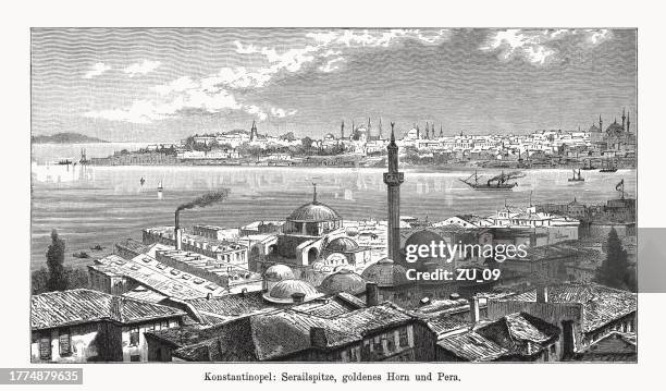 illustrations, cliparts, dessins animés et icônes de vue historique de constantinople (istanbul), turquie, gravure sur bois, publiée en 1894 - bosphore