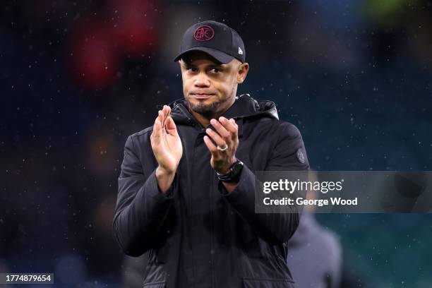 Vincent Kompany, Manager of Burnley, applauds following the Premier League match between Burnley FC and Crystal Palace at Turf Moor on November 04,...