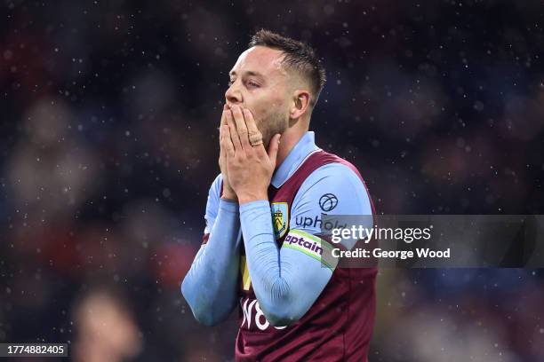 Josh Brownhill of Burnley reacts during the Premier League match between Burnley FC and Crystal Palace at Turf Moor on November 04, 2023 in Burnley,...