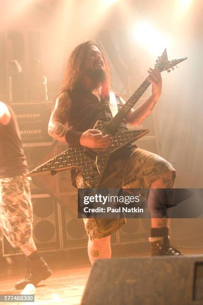 American music group Damageplan performs on stage at the House of Blues, Chicago, Illinois, April 8, 2004. Pictured is Dimebag Darrell .