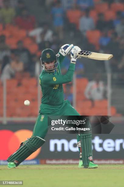 Rassie van der Dussen of South Africa plays a shot during the ICC Men's Cricket World Cup 2023 match between South Africa and Afghanistan at Sardar...