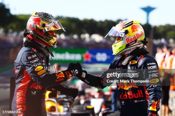 Sprint winner Max Verstappen of the Netherlands and Oracle Red Bull Racing and Third placed Sergio Perez of Mexico and Oracle Red Bull Racing...