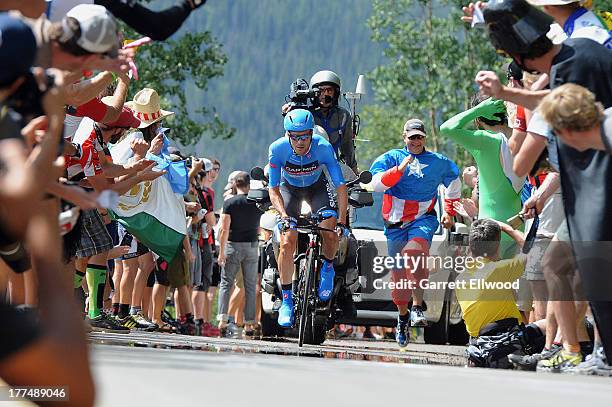 David Zabriskie of the United States riding for Team Garmin-Sharp climbs the last kilometer of Stage Five of the USA Pro Cycling Challenge on August...